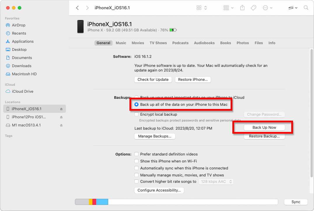 Резервное копирование iPhone или iPad с помощью Finder