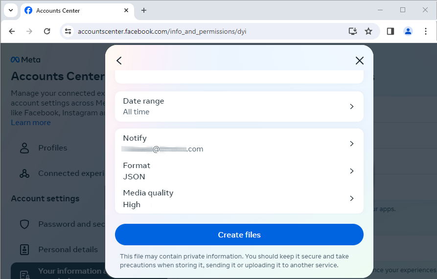 Шаг 4. Измените формат на JSON, а также измените диапазон данных и качество мультимедиа.